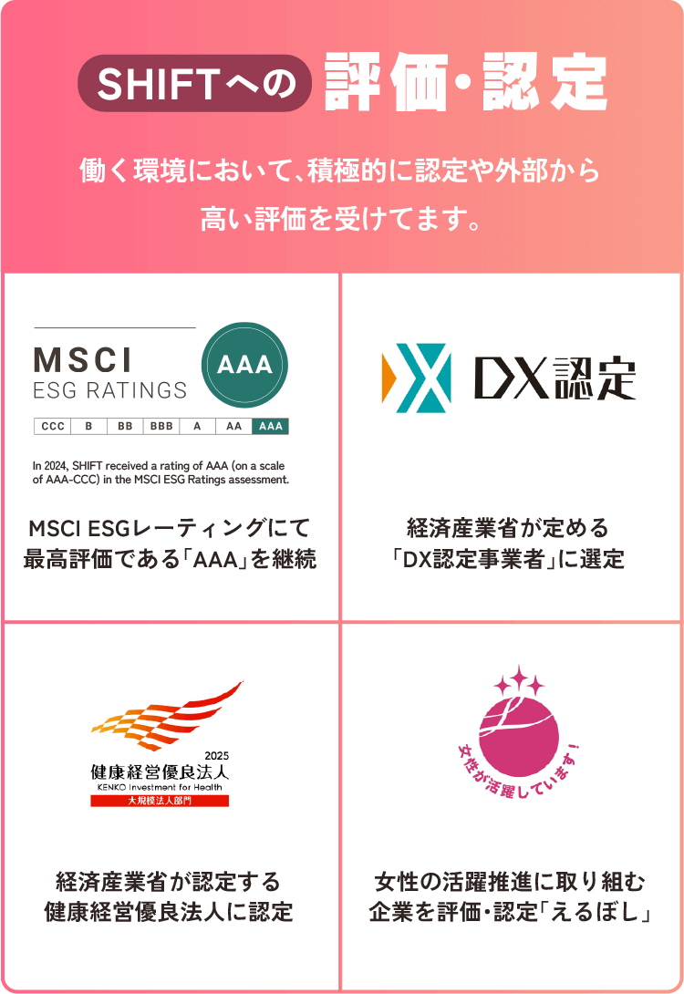 SHIFTへの評価・認定