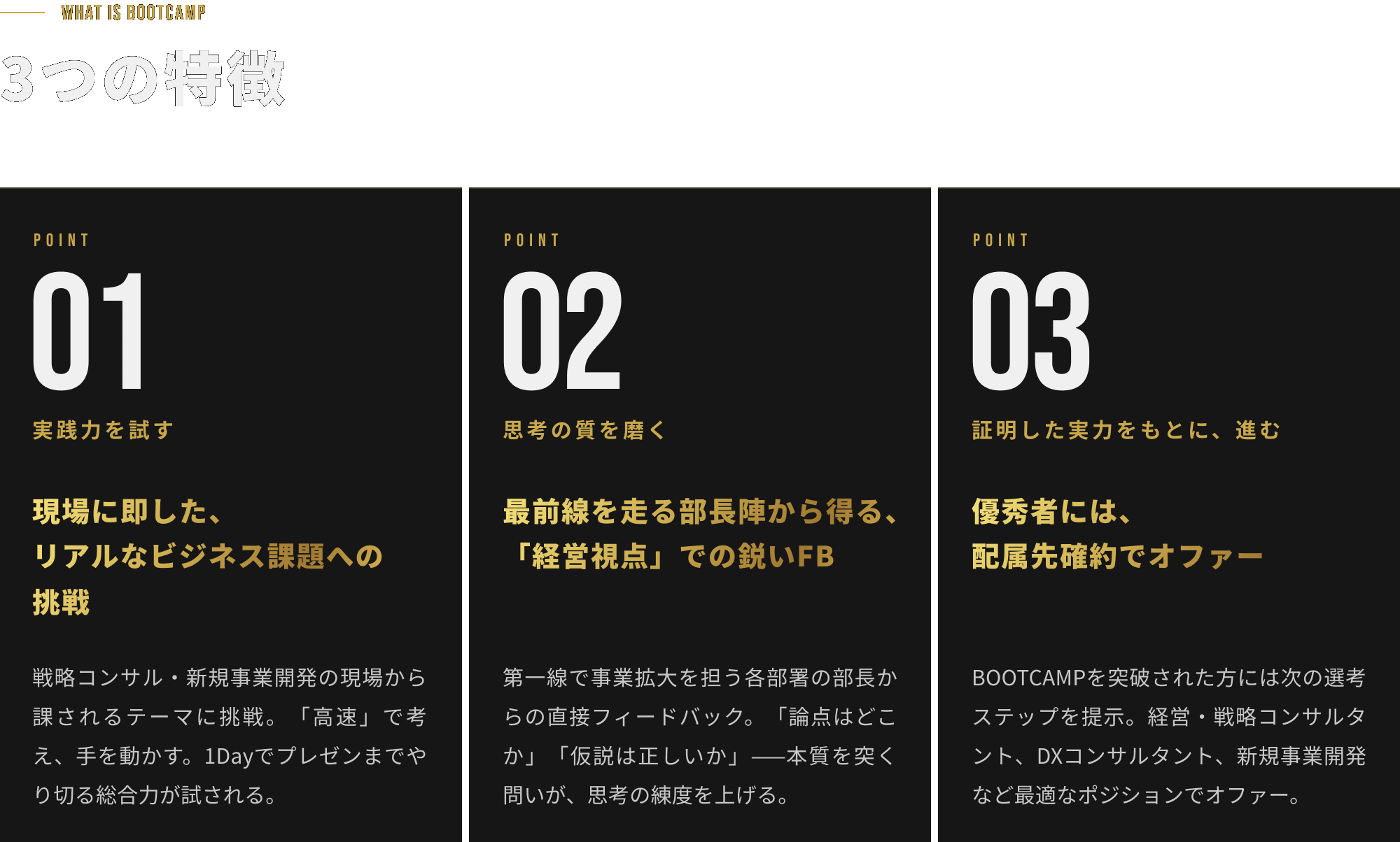 3つの特徴。1、現場に即した、 リアルなビジネス課題への挑戦。２、最前線を走る部長陣から得る、 「経営視点」での鋭いフィードバック。３、優秀者には、 配属先確約でオファー。