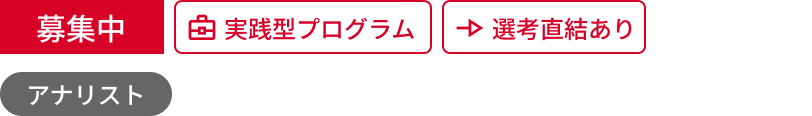 募集中、実践型プログラム、選考直結あり、アナリストのアイコン