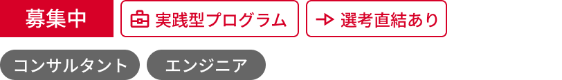募集中、実践型プログラム、選考直結あり、コンサルタント、エンジニアのアイコン